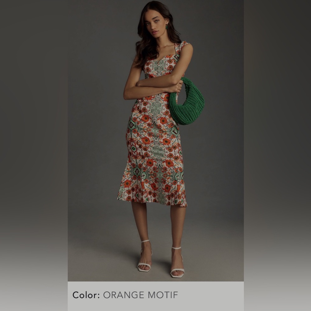 Anthropologie Floral Midi Dress - Orange and Green